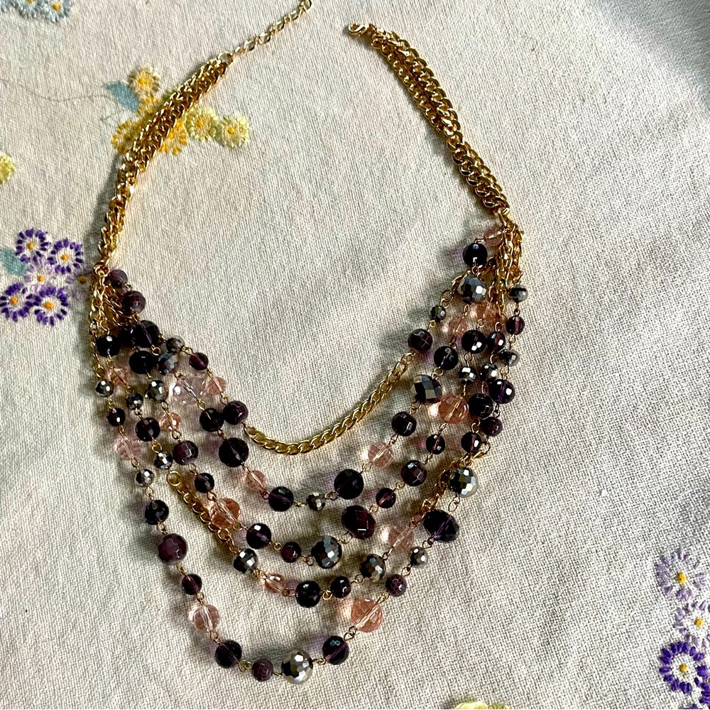 Multi Strand Crystal Beaded Statement Necklace. Purple, Pink Beads. Gold Tone